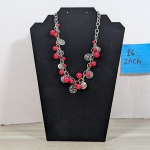 Red Bead Charm Necklace Silver Tone Chain Fashion Statement Jewelry 16 Inch